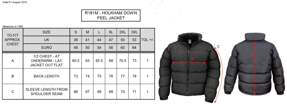 St Michaels School - Holkham Down Feel Jacket - Size Guide