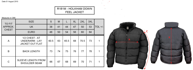 St Michaels School - Holkham Down Feel Jacket - Size Guide