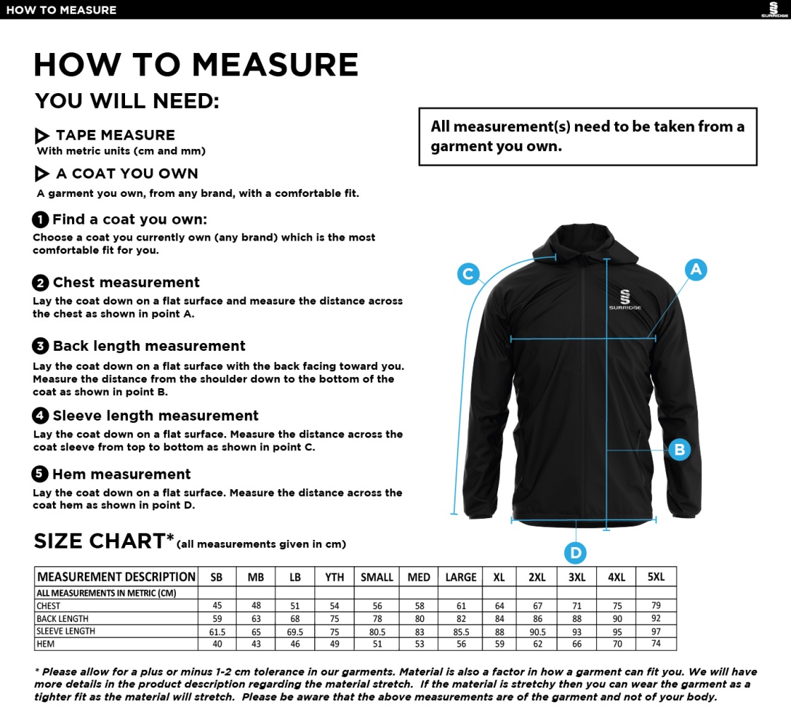St Michaels School - Dual Full Zip Training Jacket - Size Guide