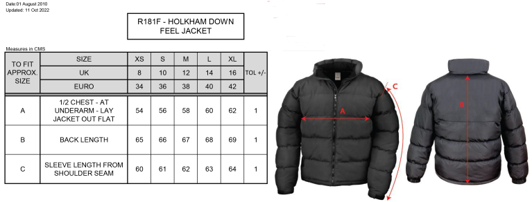 St Michaels School - Holkham Down Feel Jacket - Women's - Size Guide