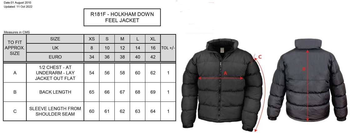 St Michaels School - Holkham Down Feel Jacket - Women's - Size Guide