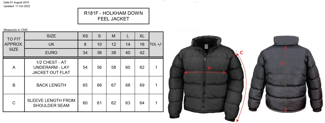 St Michaels School - Holkham Down Feel Jacket - Women's - Size Guide