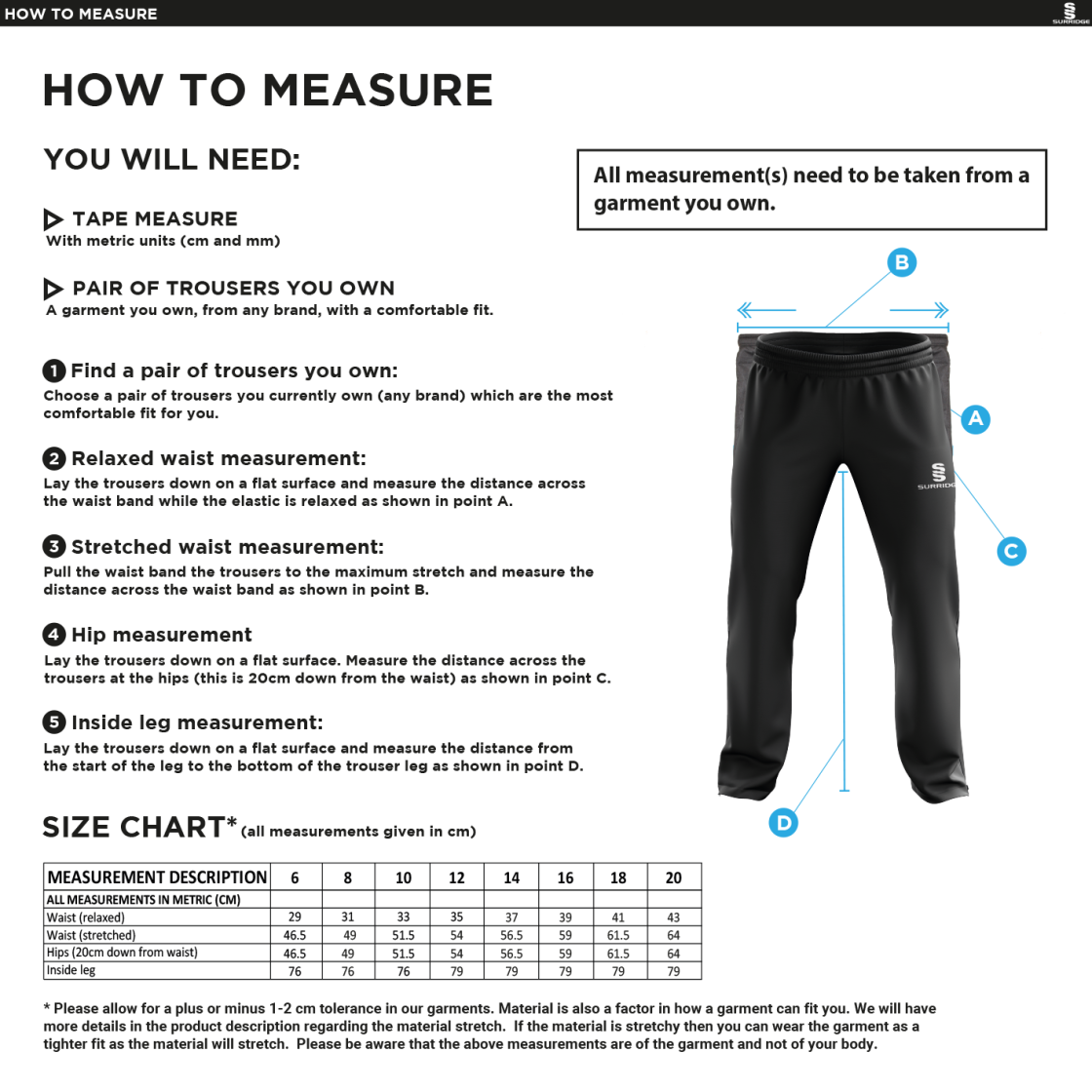 St Michaels School - Poplin Track Pant - Women's - Size Guide