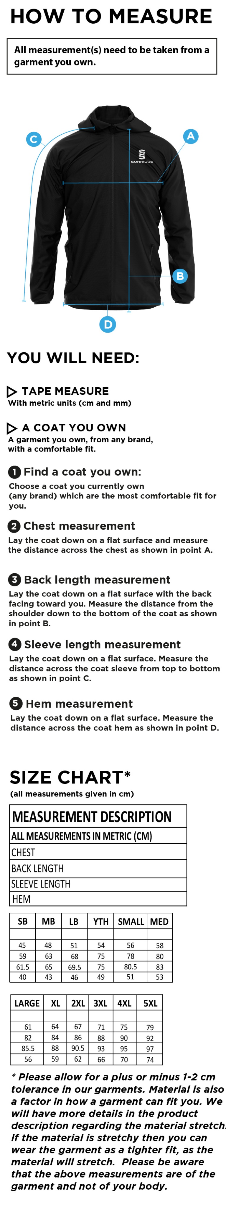 St Michaels School - Dual Full Zip Training Jacket - Size Guide