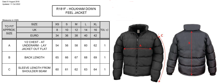 St Michaels School - Holkham Down Feel Jacket - Women's - Size Guide