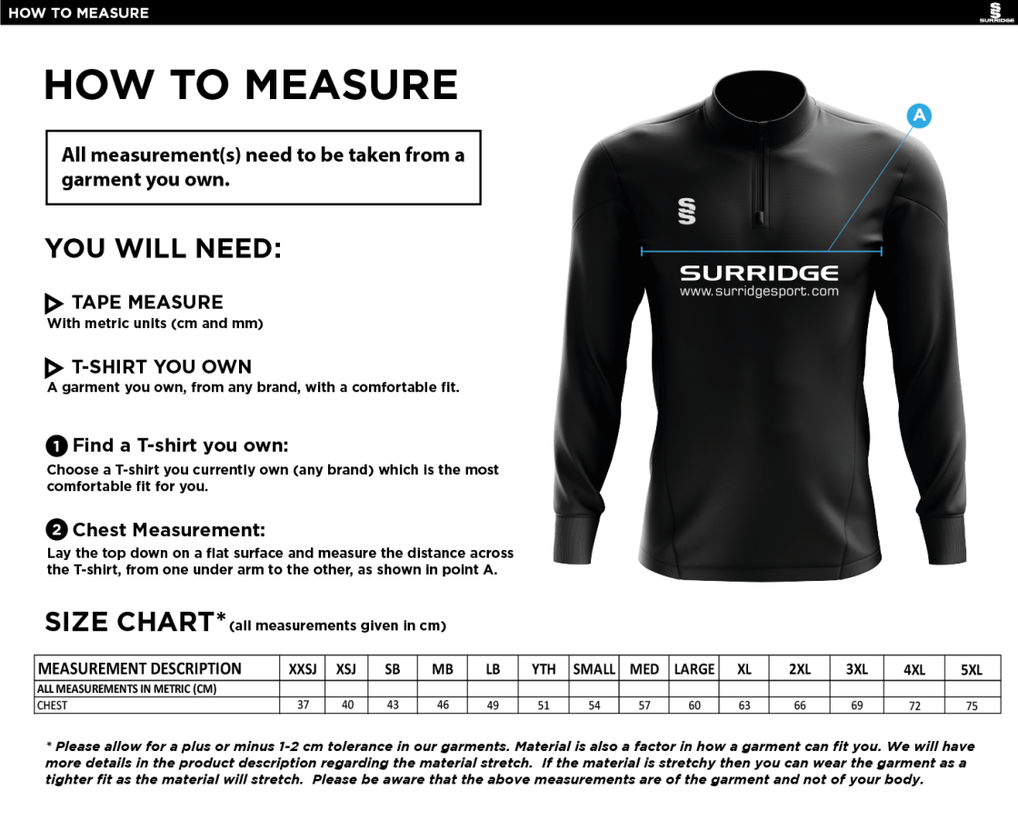 St Michaels School - 1/4 Zip Dual Performance Top - Size Guide