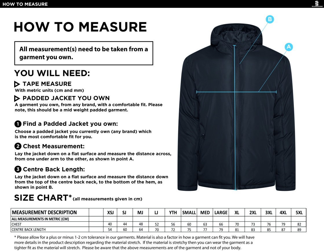 St Michaels School - Ct Padded Jacket - Size Guide