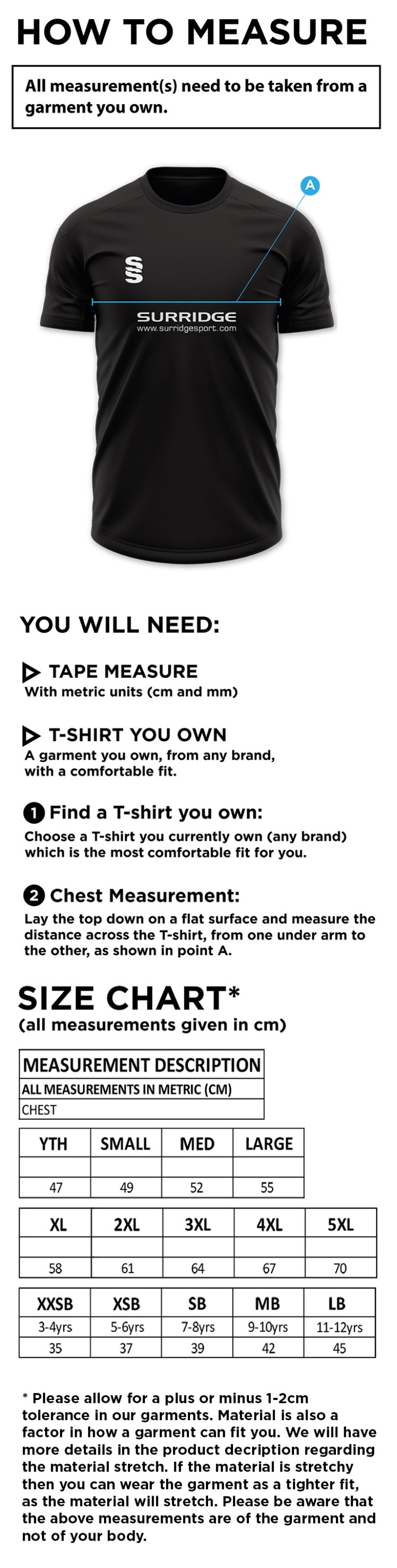 St Michaels School - Dual Games Shirt - Size Guide