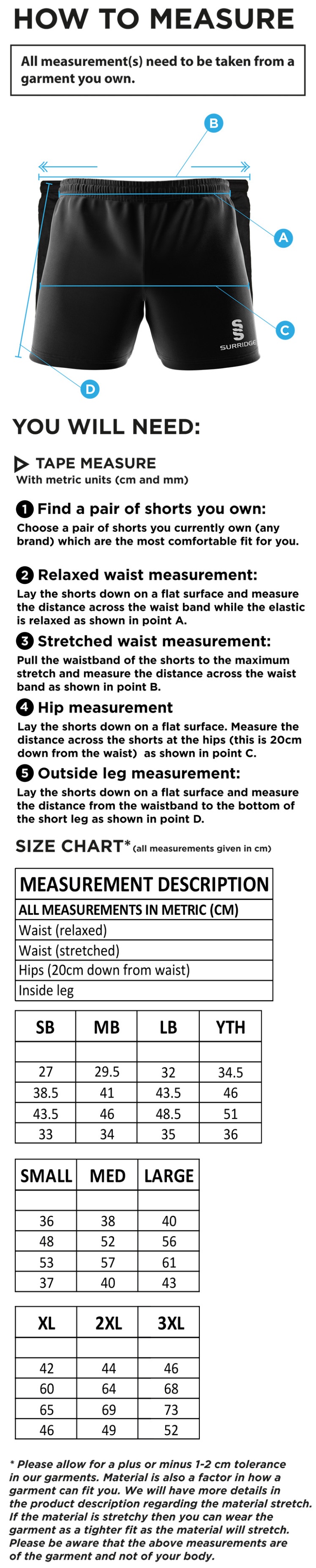 St Michaels School - Performance Gym Short - Size Guide