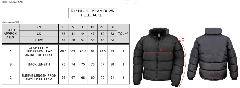 St Michaels School - Holkham Down Feel Jacket - Size Guide