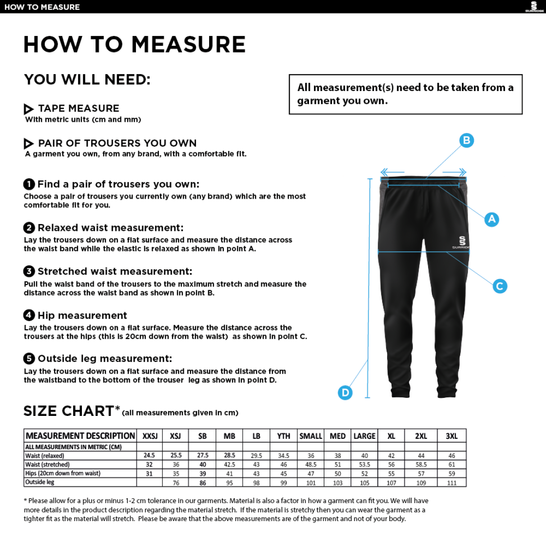 St Michaels School - Tek Slim Training Pants - Size Guide