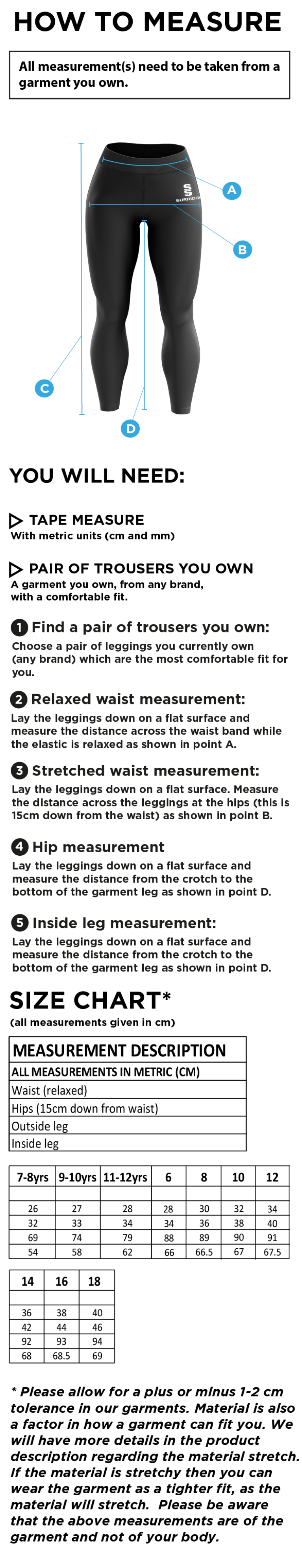 St Michaels School - Performance Full Length Leggings - Size Guide