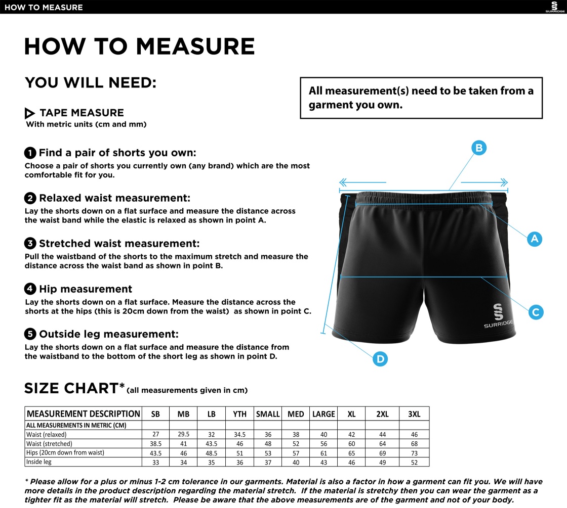 St Michaels School - Performance Gym Short - Size Guide