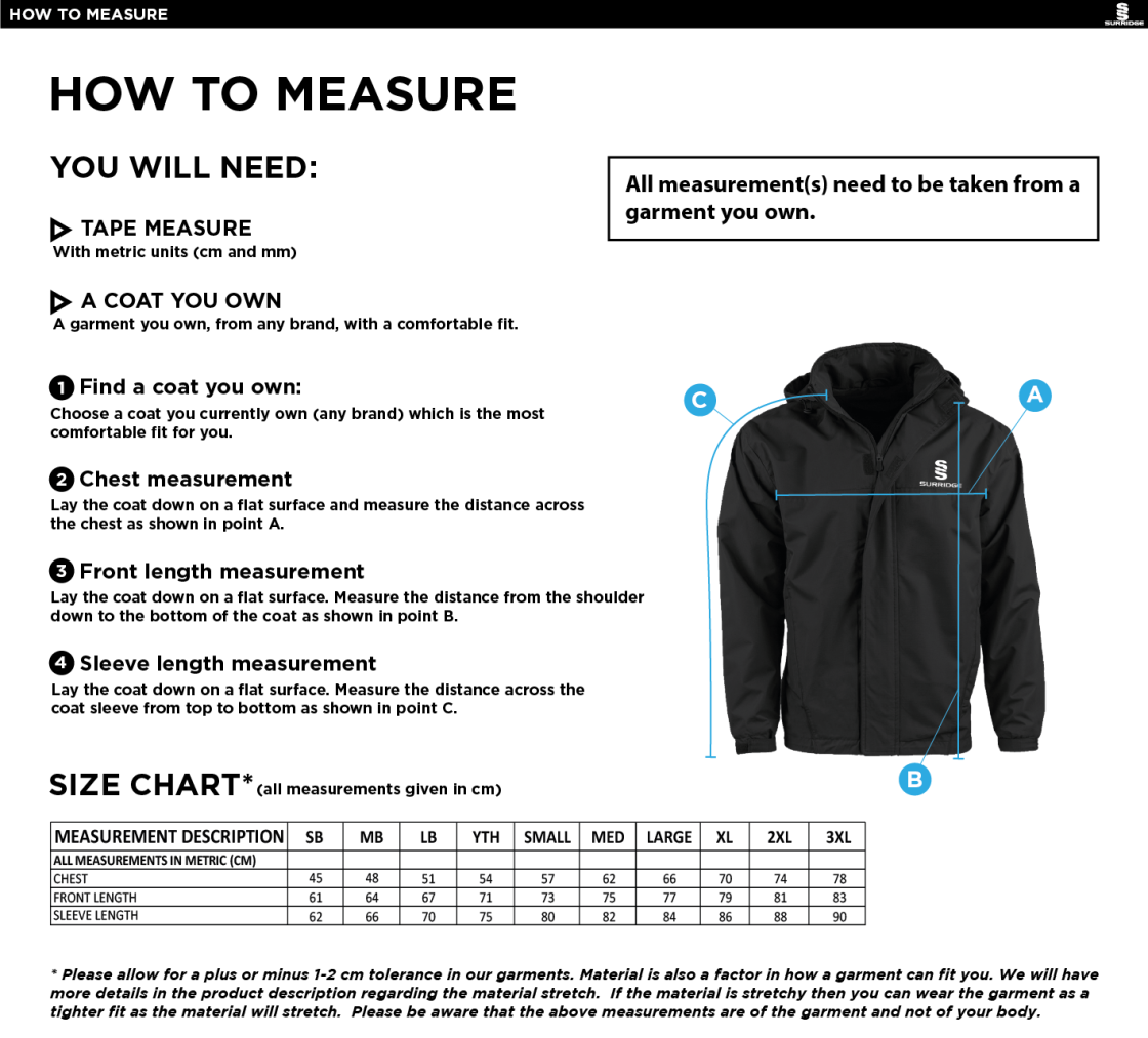 St Michaels School - Dual Fleece Lined Jacket - Size Guide