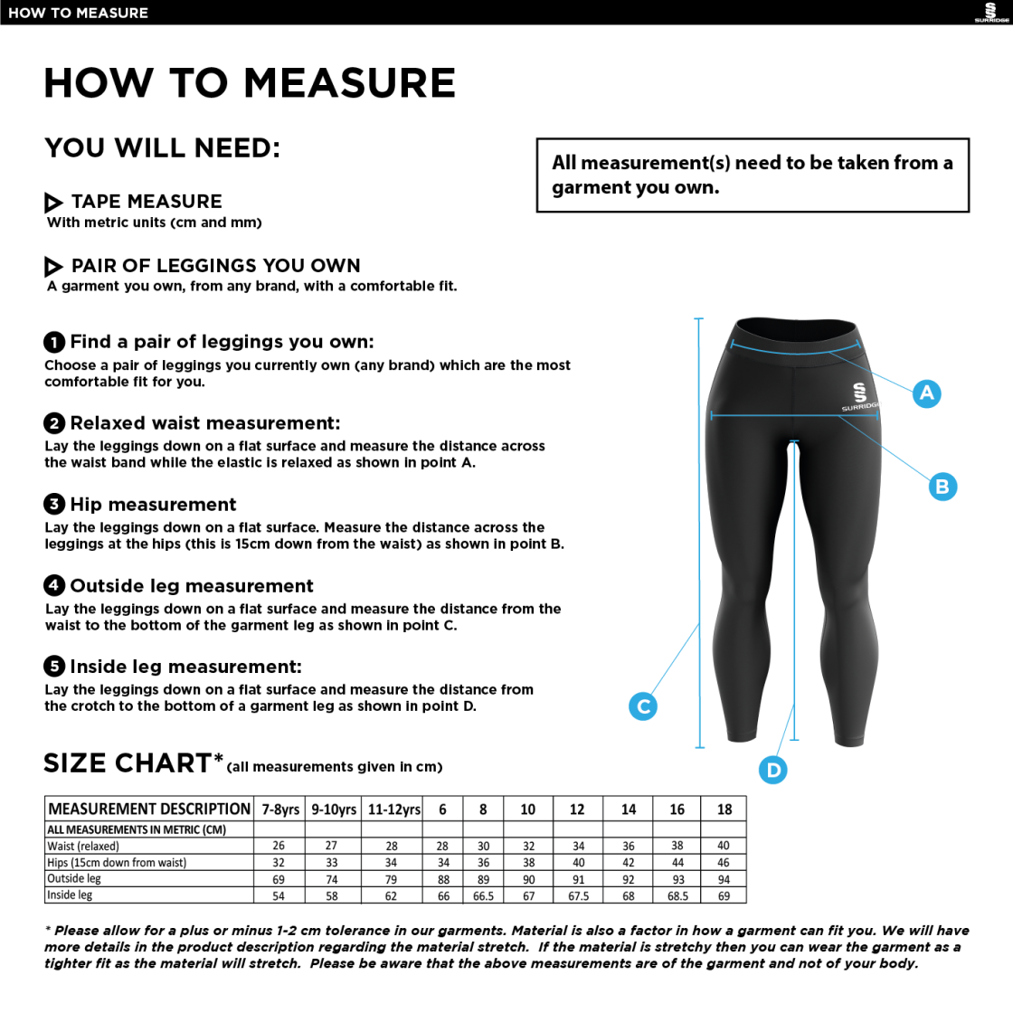 St Michaels School - Performance Full Length Leggings - Size Guide