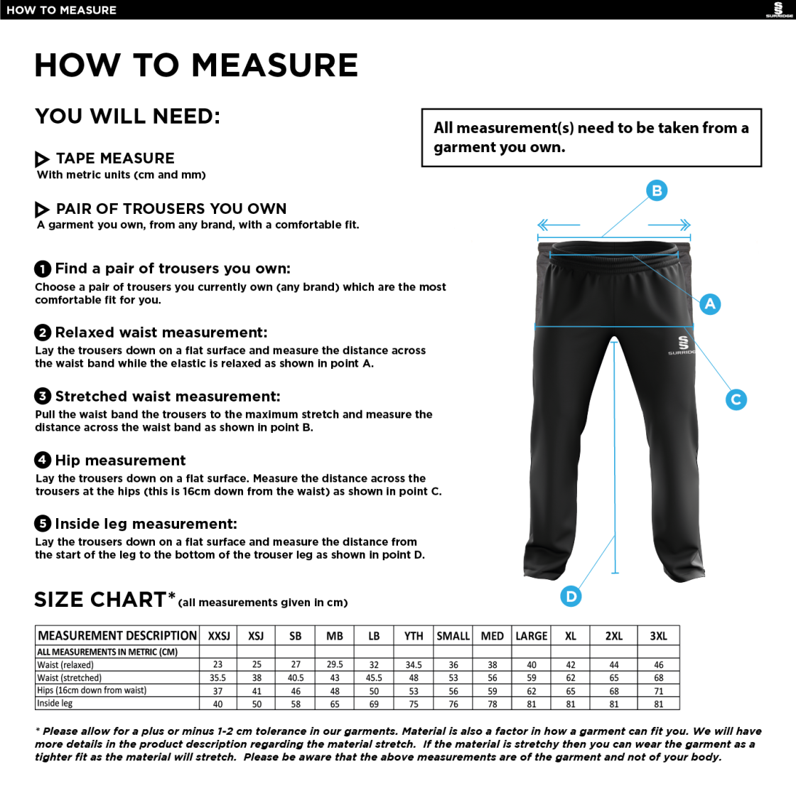 St Michaels School - Poplin Track Pant - Size Guide