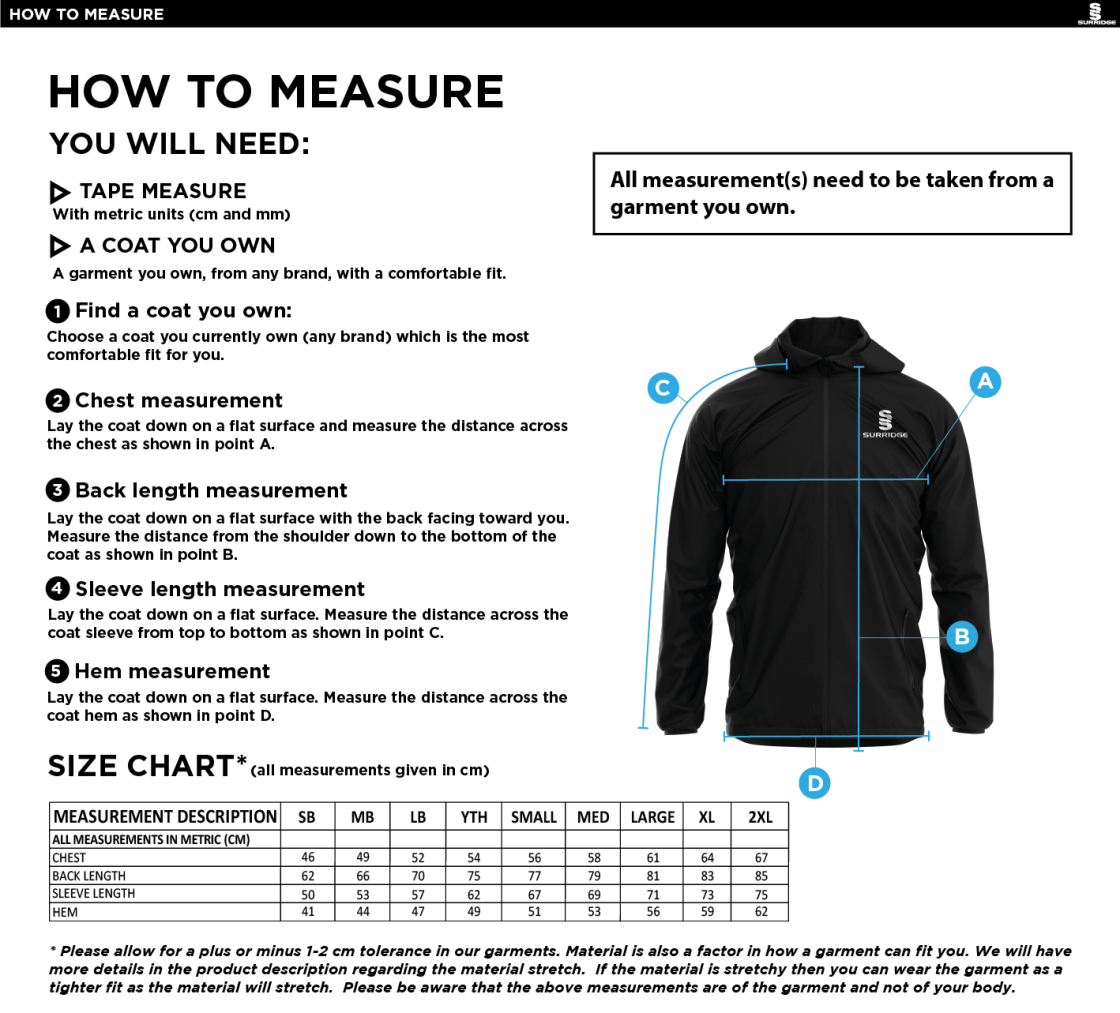 St Michaels School - Dual Full Zip Training Jacket - Size Guide